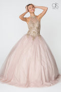 Gold Applique Halter Ball Gown with Glitter Skirt by Elizabeth K GL2805