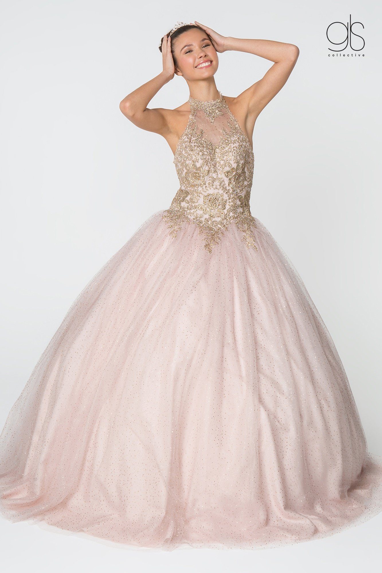 Gold Applique Halter Ball Gown with Glitter Skirt by Elizabeth K GL2805