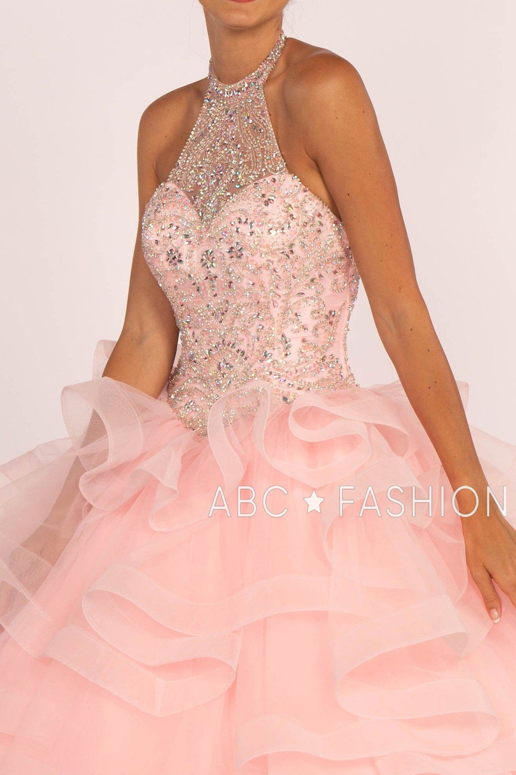 Jeweled Halter Ball Gown with Layered Skirt by Elizabeth K GL2512