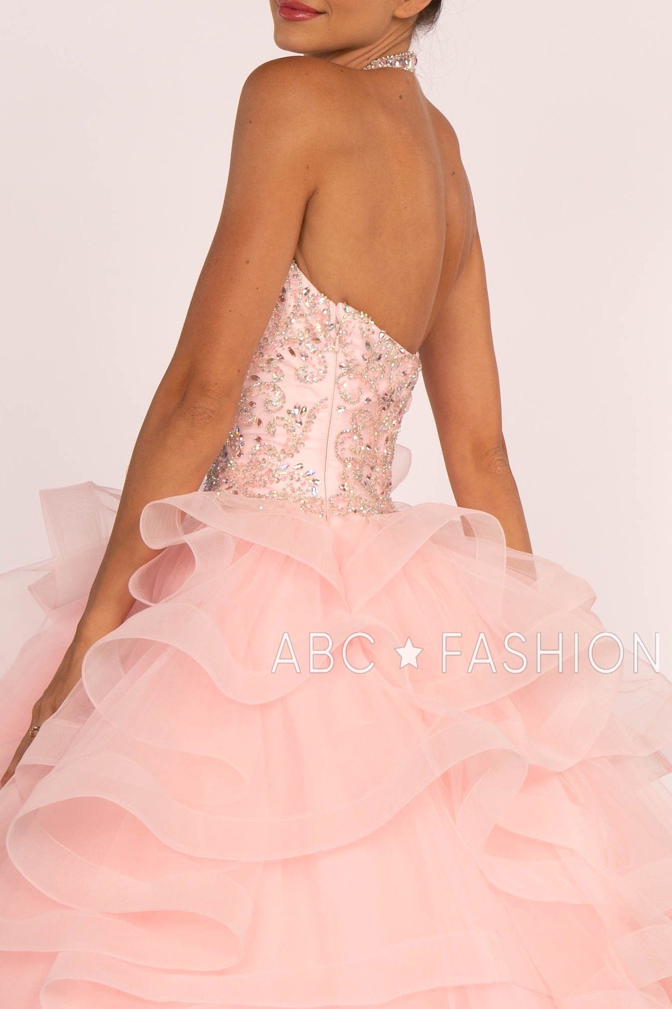 Jeweled Halter Ball Gown with Layered Skirt by Elizabeth K GL2512