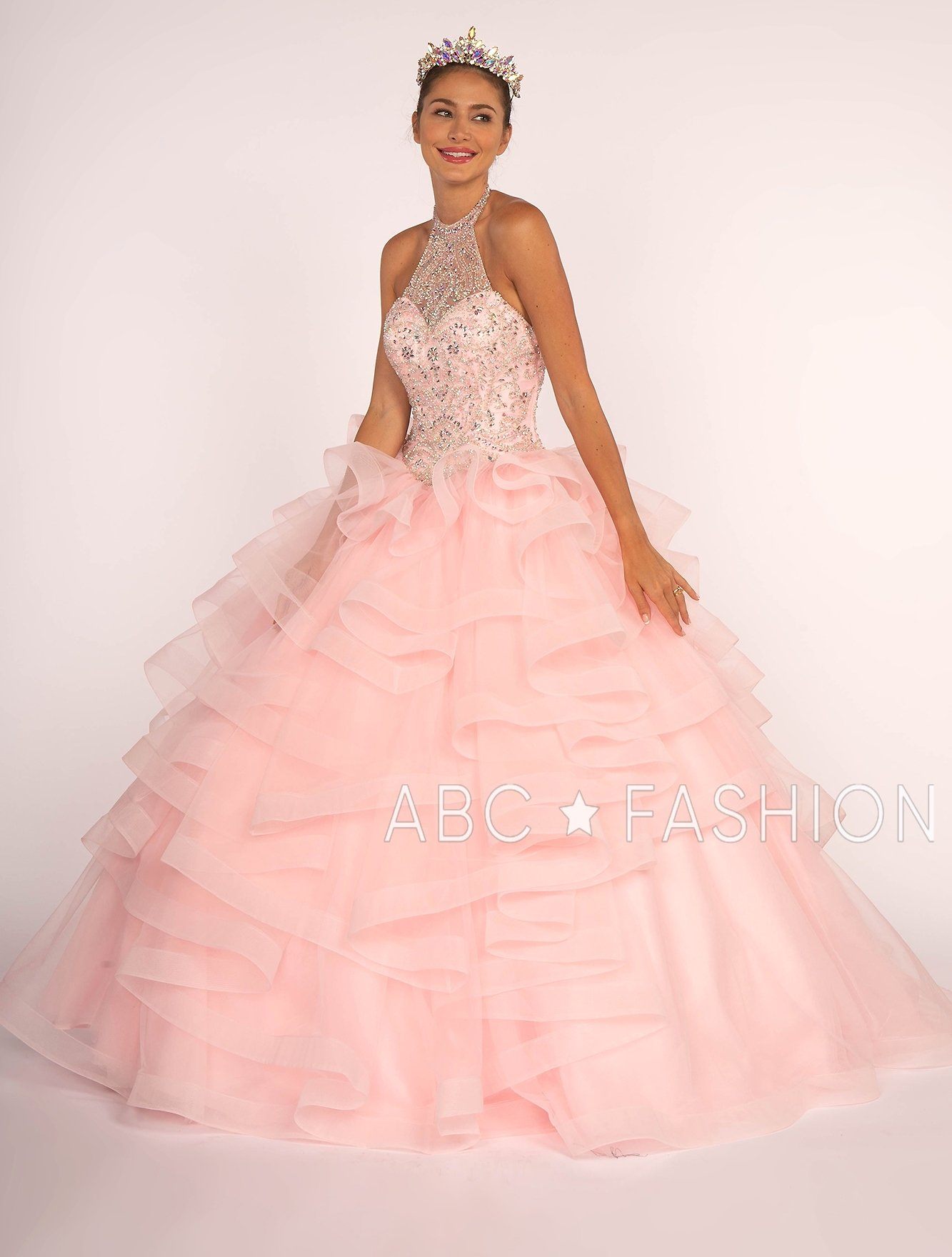 Jeweled Halter Ball Gown with Layered Skirt by Elizabeth K GL2512