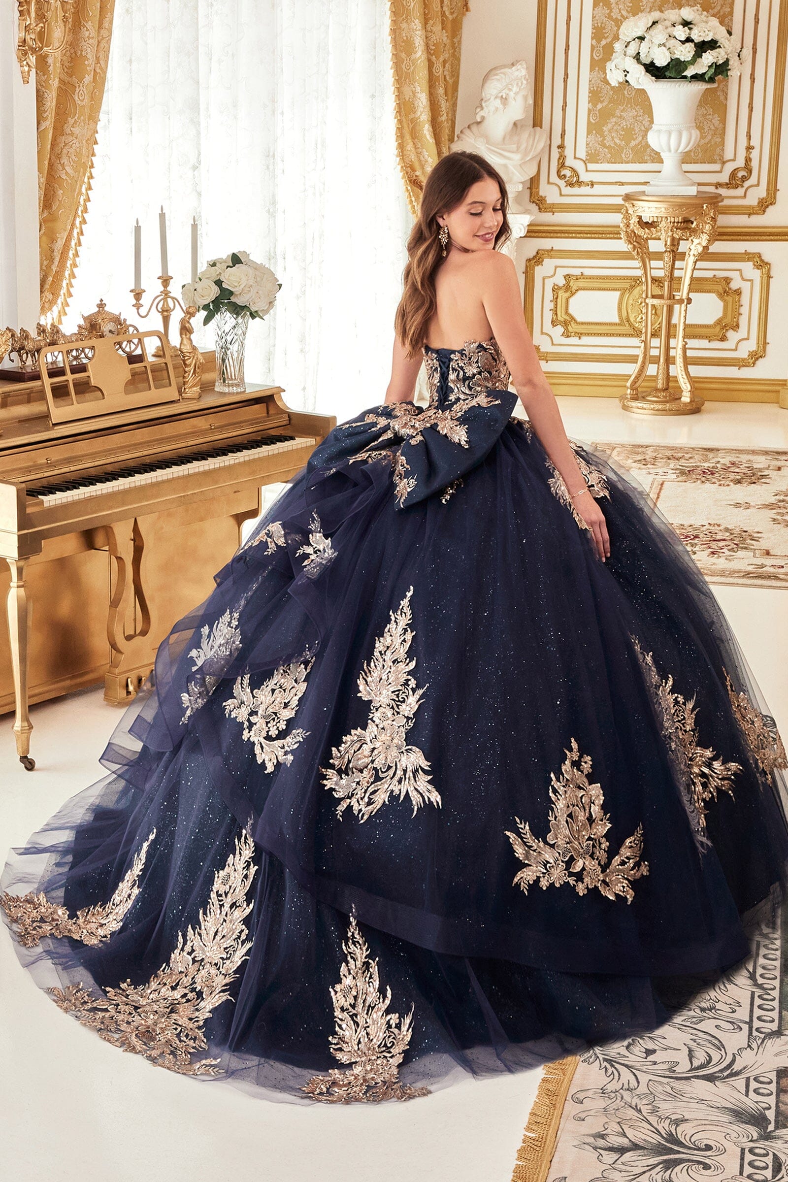 Lace Applique Strapless Ball Gown