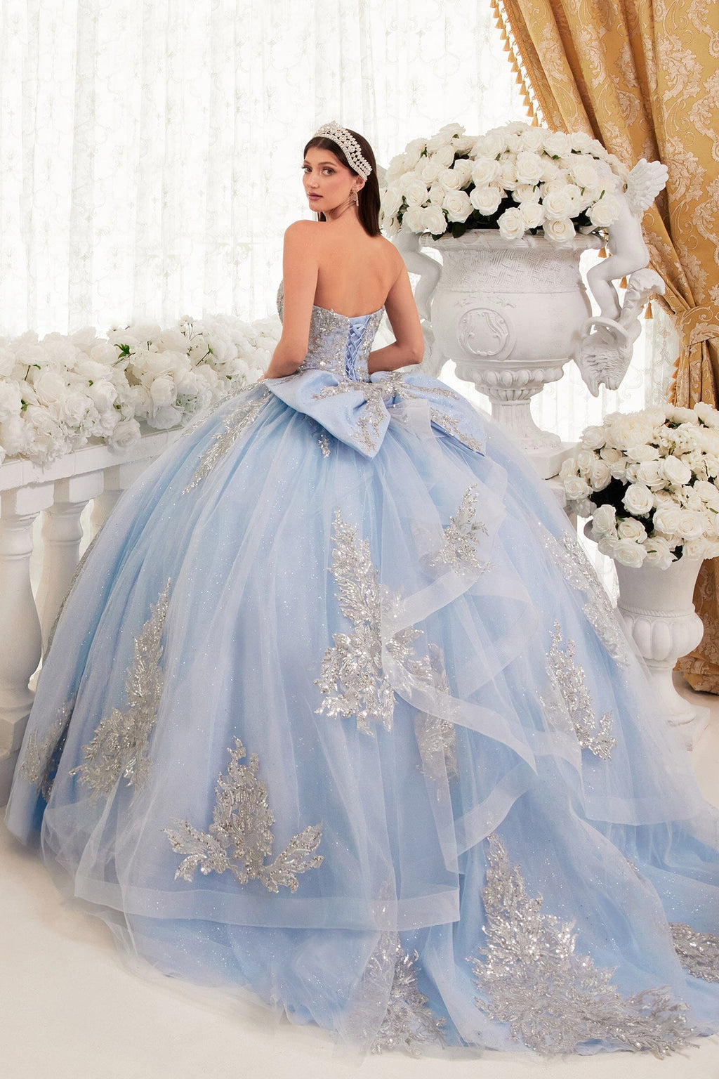 Lace Applique Strapless Ball Gown