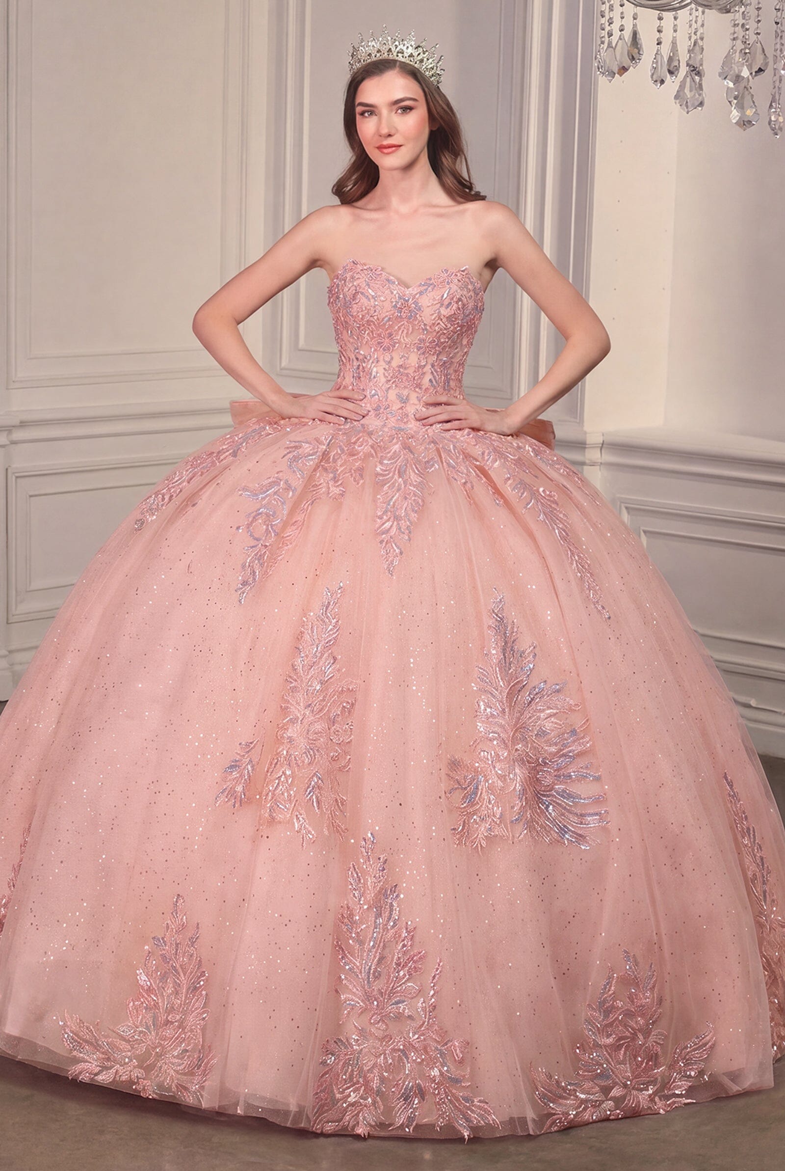 Lace Applique Strapless Ball Gown