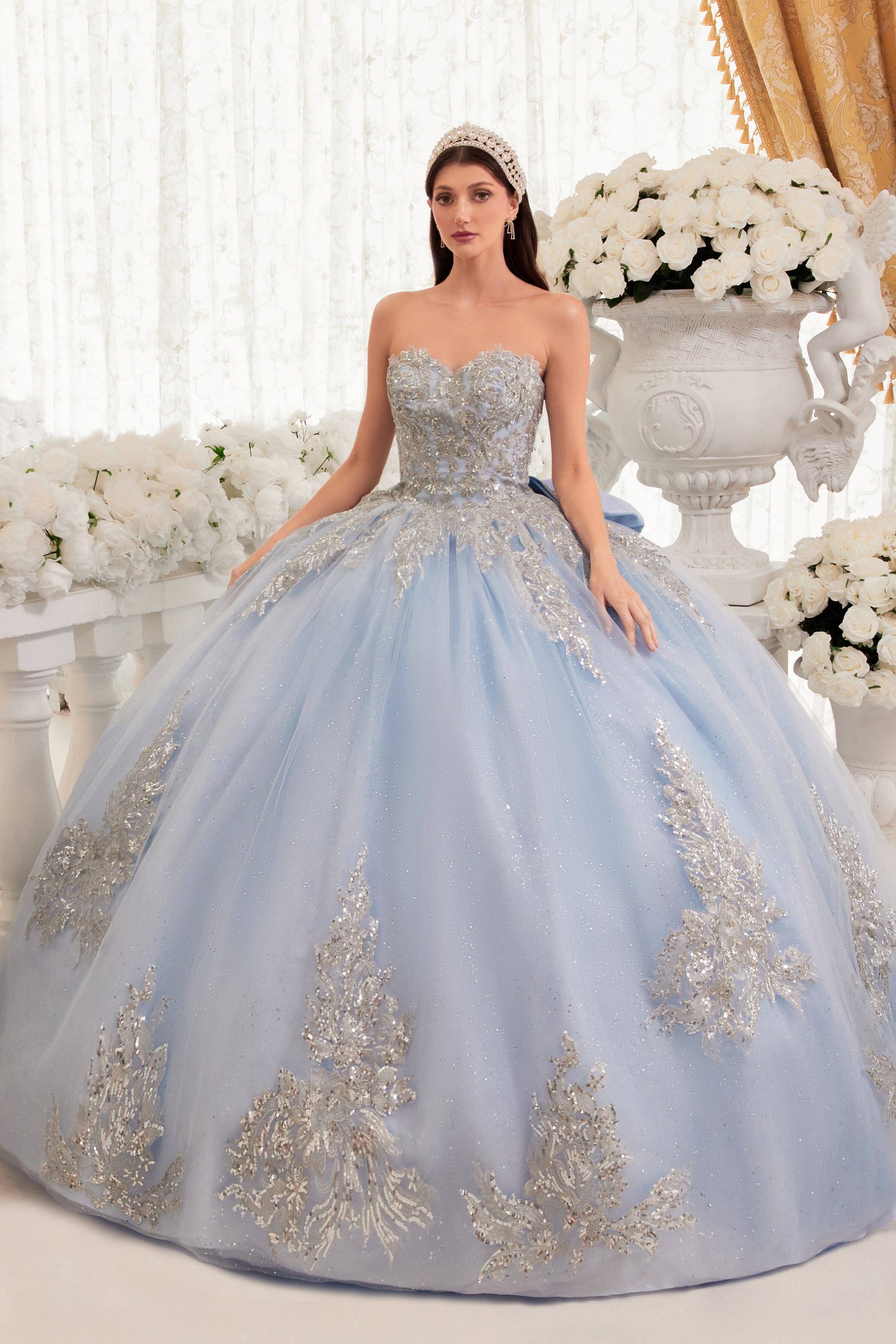 Lace Applique Strapless Ball Gown