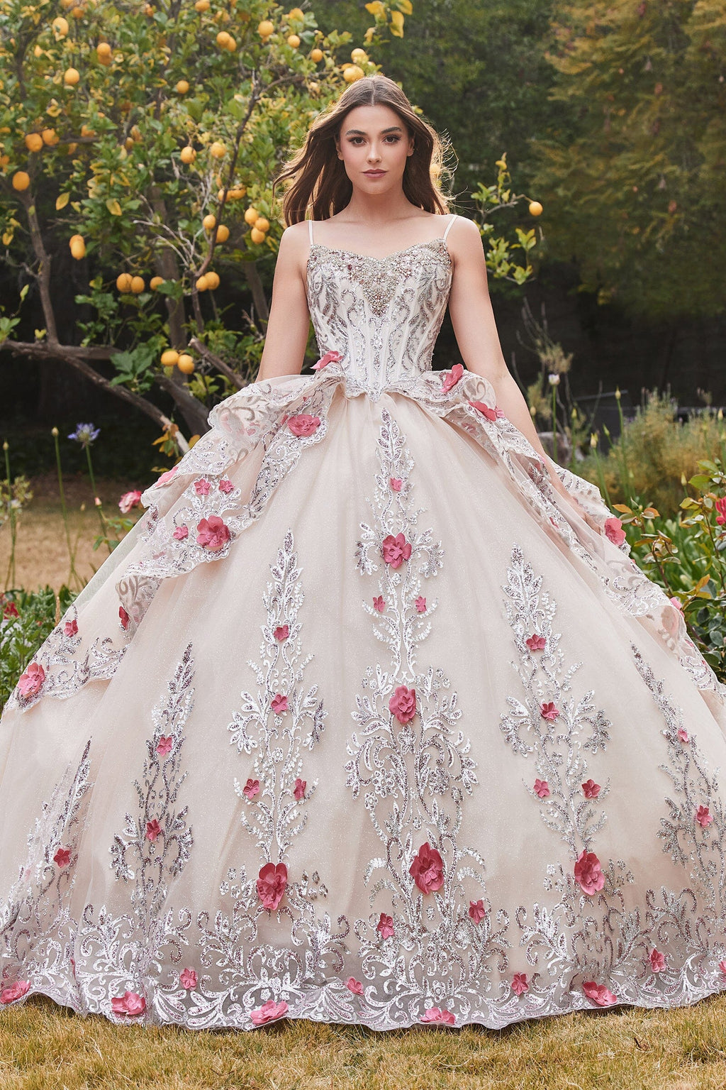 Layered Applique Sleeveless Ball Gown