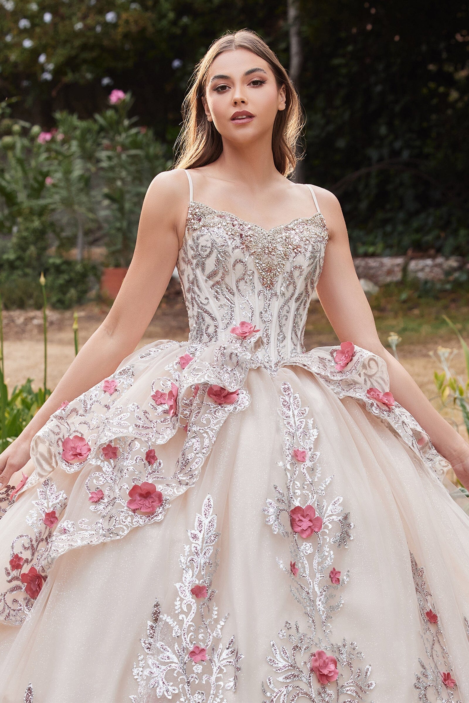 Layered Applique Sleeveless Ball Gown