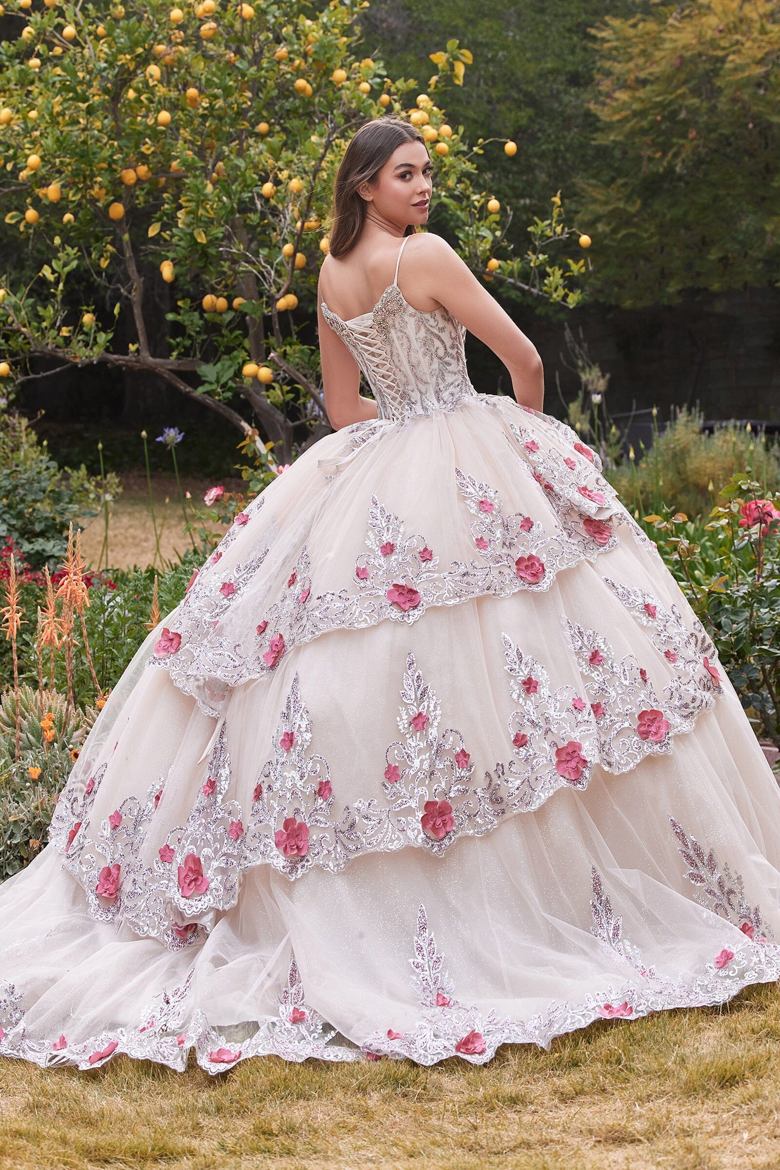 Layered Applique Sleeveless Ball Gown