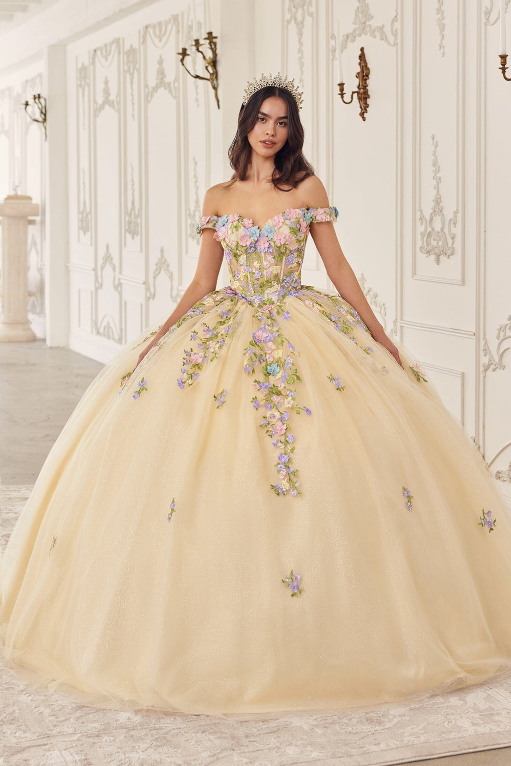 Multi-Color Floral Off Shoulder Ball Gown