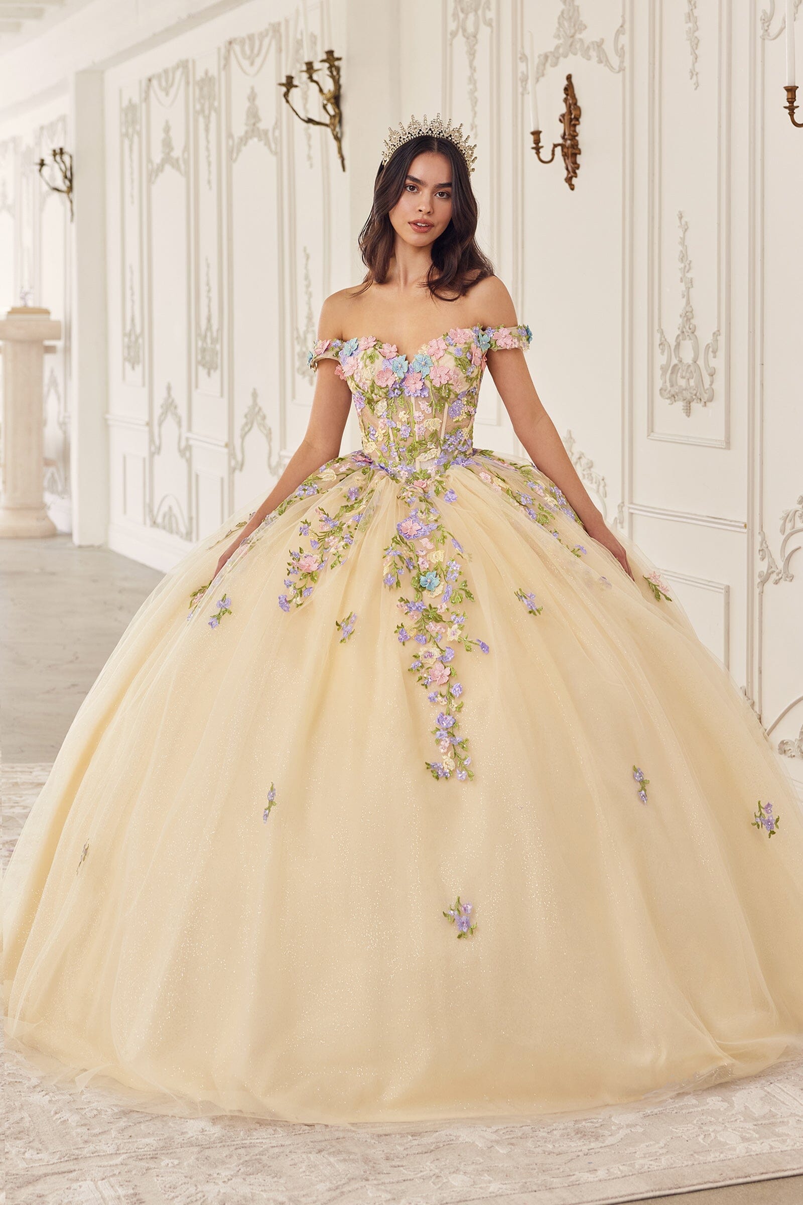 Multi-Color Floral Off Shoulder Ball Gown
