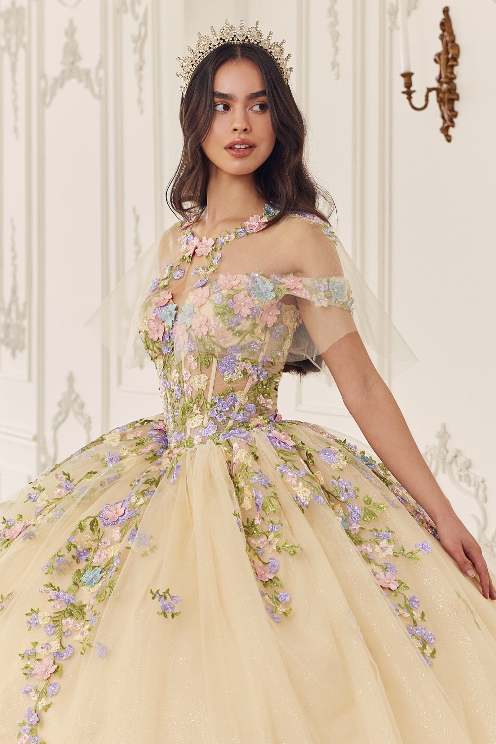 Multi-Color Floral Off Shoulder Ball Gown