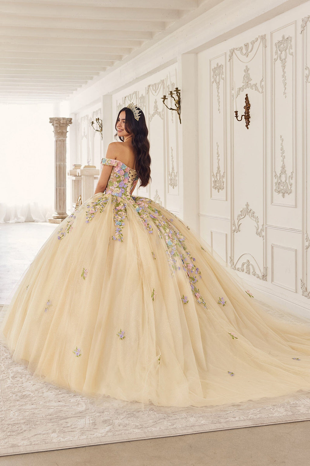 Multi-Color Floral Off Shoulder Ball Gown