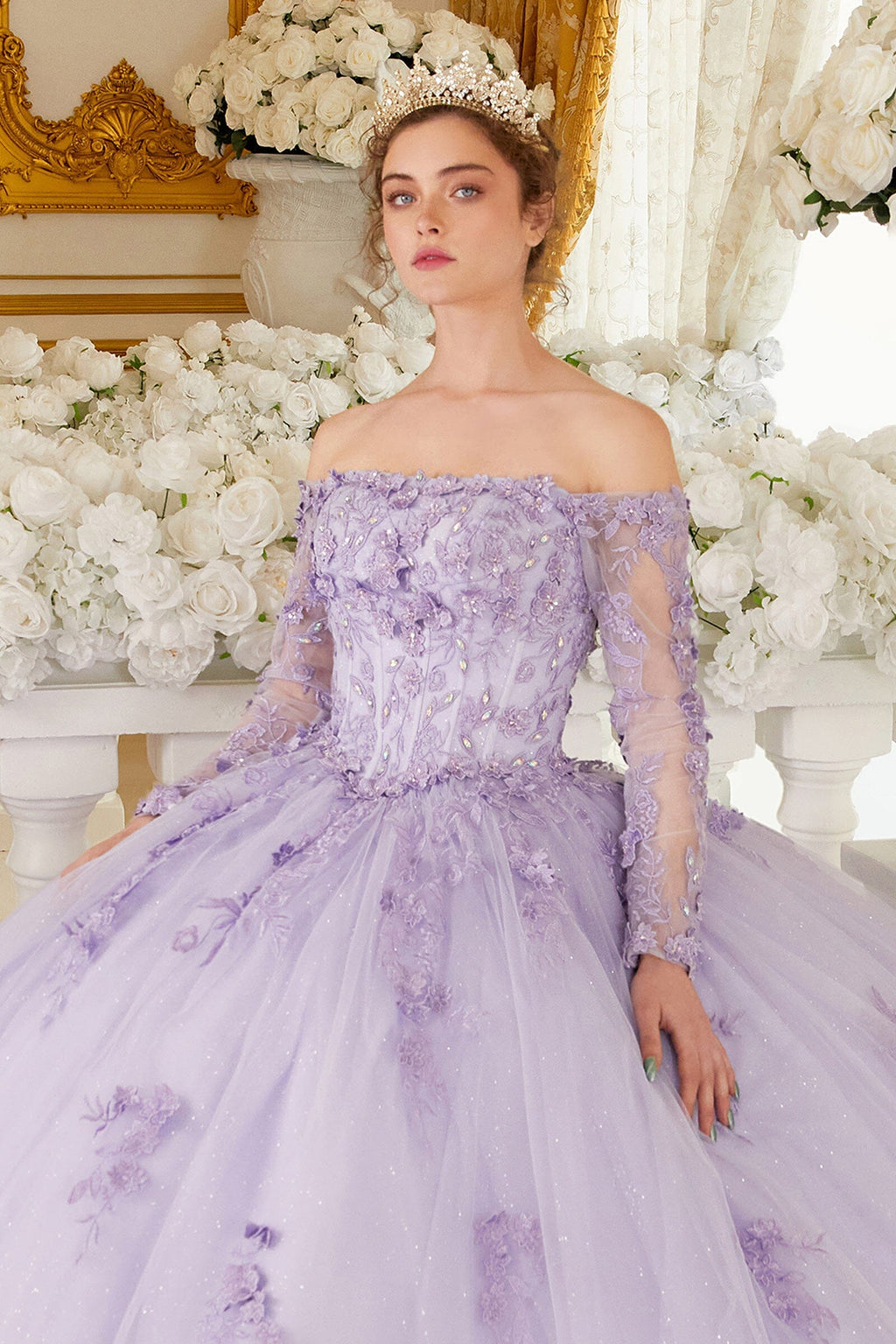 Off Shoulder Long Sleeve Ball Gown