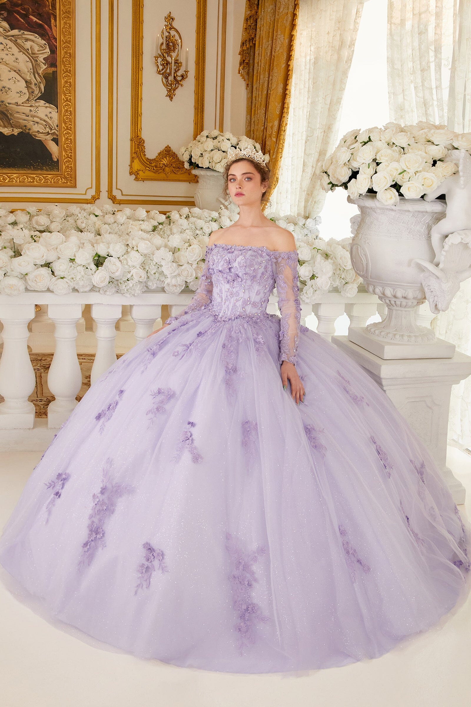 Off Shoulder Long Sleeve Ball Gown
